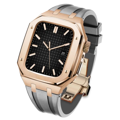 Caja de acero inoxidable correa de goma para Apple Watch correa 9 8 7 6 5 44/45 mm kit mod Foto 1 de 4