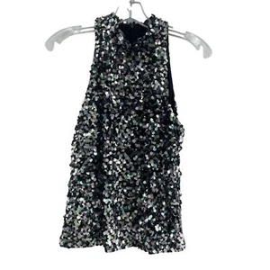 JS Boutique Silver Sequin Metallic & Black Women's Blouse L, Polyester, Preowned - Picture 1 of 5