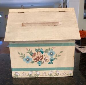 Vintage Large Country Wooden Hanging Wall Mount Mailbox Painted W/ Flowers