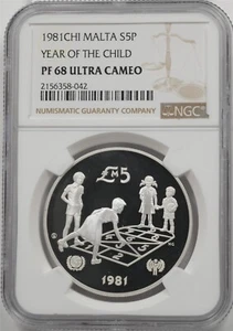 Malta 1981-CHI 5 Pounds Proof NGC PF68 ULTRA CAMEO Year Of The Child NG2041 comb - Picture 1 of 2