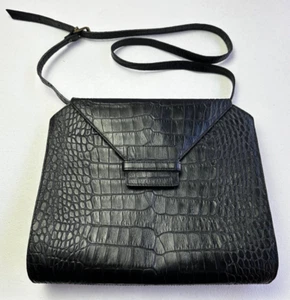 Liz Claiborne Purse Croc Embossed Leather Shoulder Bag Black Envelope Clutch Vtg - Picture 1 of 17