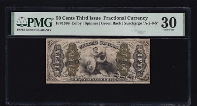 US 50c Fractional Currency Note 3rd Issue Wide Surcharge FR 1366 PMG 30 VF (005) - Image 1 of 2