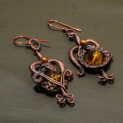 Pendientes de joyería de cobre con envoltura de alambre hechos a mano de piedras preciosas de ámbar amarillo 2,80" SR 117 Foto 1 de 4