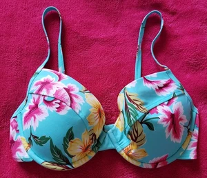 Wattiertes Damen-Bikinioberteil Victoria's Secret Größe 34D Aqua Blumenmuster - Bild 1 von 3