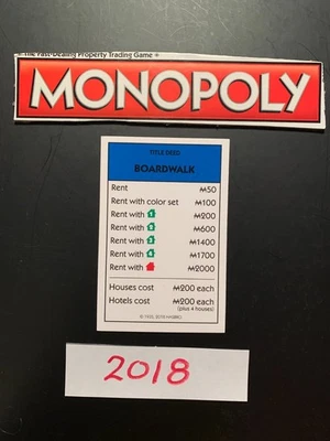 Monopoly  2018  BOARDWALK   Title Deed Card  Replacement Game Card  HASBRO - Image 1 of 4