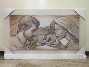 QUADRO SACRA FAMIGLIA CON CORNICE IN LEGNO BEIGE E TELA CON GLITTER 118x68 cm - Imagen 1 de 3