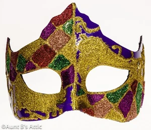Mardi Gras Mask Purple Eye Mask W/ Gold Multi Glitter Diamond Pattern Headband - Picture 1 of 1