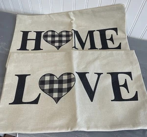 Canvas 2pc Zip Throw Pillow Cover LOVE & HOME  19x12 Tan Black Plaid Heart HG - Picture 1 of 5