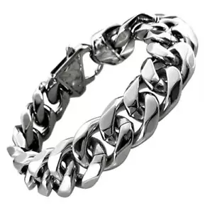 Huge 15mm 9'' Silver Bracelet Mens Stainless Steel Cuban Curb Chain Bangle Gifts - Picture 1 of 5
