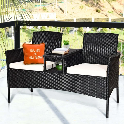 Patio Rattan Conversation Set Seat Sofa Cushioned Loveseat Glass Table Chairs Cover