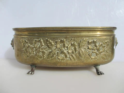 Victorian Brass Trough Tub Planter Plant Pot Old Urn Lion Etched Floral 16"W Cover