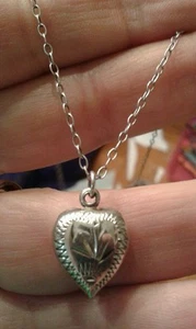 Sterling Silver 925 Puffy Heart Etched Pendant 12" Necklace GREAT GIFT!! - Picture 1 of 4