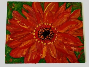 GERBERA DAISY FLOWER PALETTE KNIFE OIL PAINTING GESSO HEAVILY TEXTURED CENTER - Picture 1 of 5