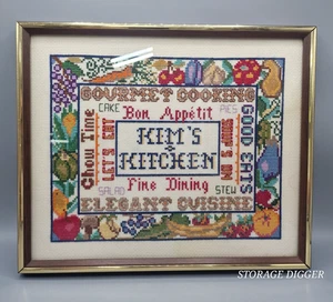 VTG Kims Kitchen Gourmet Cooking Cuisine Finished Counted Cross Stitch Framed - Picture 1 of 12