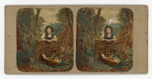 Niña victoriana tintada Stereoview años 1800 con cesta de mimbre por cerca corta - Imagen 1 de 2