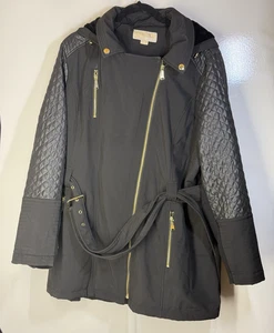 Michael Kors Damen 2X Schwarz Gürtel Steppärmel Kapuze Mantel Kunstfell Gefüttert - Bild 1 von 13