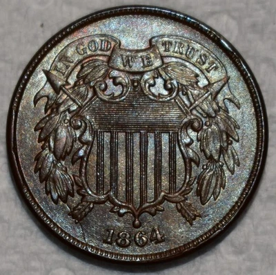 Uncirculated 1864 Two Cent Piece, Highly Lustrous  & Lightly Toned. - Image 1 of 2