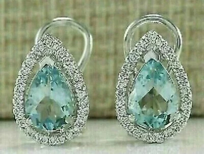 3.80 Ct Pear Cut Aquamarine Drop & Dangle Halo Earrings In 14k White Gold Finish - Image 1 of 3