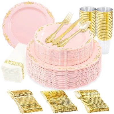 210 Pink and Gold Plastic Plates ＆ Plastic Silverware,Elegant Party Cups,Dess... - Image 1 of 4