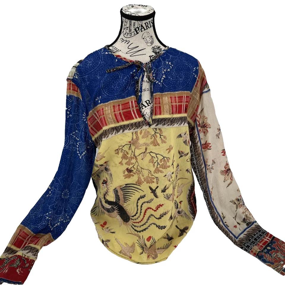 Roberto Cavalli Just Cavalli Patchwork Crane Bird Print Silk Blend Top Size 50 - Image 1 of 4
