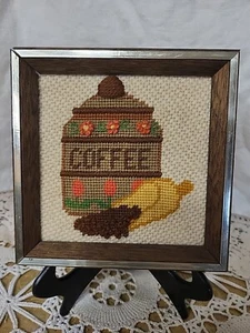 Cute 1970s Hand Stitched Coffee Wall Plaque 6" X 6" - Picture 1 of 7