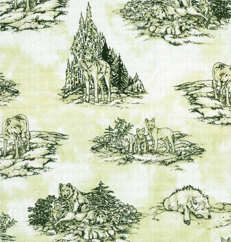 Wolf Song Scenic Wolves Nature Toile Green Coordinate Fabric By the FQ - 1/4 YD - Image 1 of 4