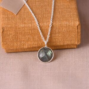 Sterling Silver Natural Labradorite Gemstone Pendant Necklace 16'' Cable Chain