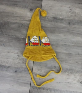 VINTAGE Kids Toddler Size Knit Stocking Pom Pom Hat Mustard Yellow Sailboat - Picture 1 of 5
