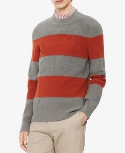 Calvin Klein 159851 Men's Mock-Neck Striped grey and Orange Sweater Sz. Large - Picture 1 of 2
