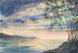 Original Painting Artwork Watercolor Modern Landscape Seascape Abstract Ocean A5 - Picture 1 of 8