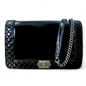 CHANEL Auth WOC Boy Reverso Lambskin Black Patent Leather Crossbody Bag Chain - Picture 1 of 21