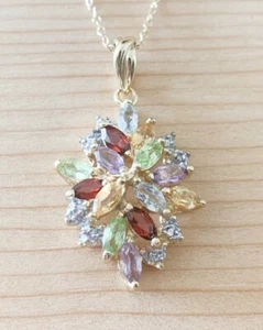 GORGEOUS GENUINE MULTI GEM-STONE CLUSTER  PENDANT NECKLACE NEW!! - Picture 1 of 1