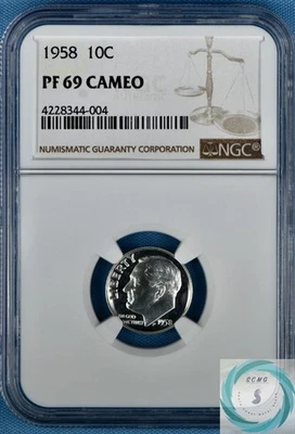 1958 Roosevelt Dime PF 69 CAMEO - Blast White with Cameo Frost - Image 1 of 4