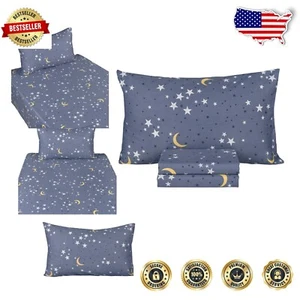 Breathable 100% Cotton Moon & Stars Twin Bed Set for All Seasons - 3 Pieces - Picture 1 of 6