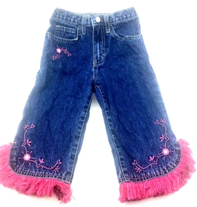 Girls Capri Jeans Size 4 Embroidered Fringe Children Kids Pockets Elastic Waist - Picture 1 of 7