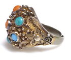 Antik Art Deco Chinesische Koralle Türkis Filigran Silber Gold Vermeil Kuppel Ring