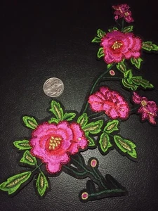 Pink Flowers Sew On Patch Sequins Floral Plants 31cm x 16cm - Picture 1 of 9