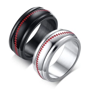 Baseball Line Spinning Ring Stainless Steel Silver / Black Wedding Spinner Rings - Picture 1 of 11