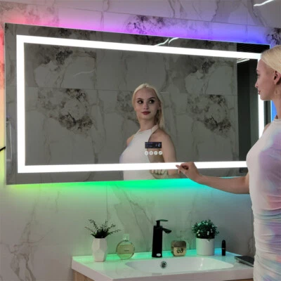 Badspiegel mit LED Beleuchtung 4Touch+Beschlagfrei+Bluetooth+Uhr RGB Wandspiegel - Bild 1 von 4