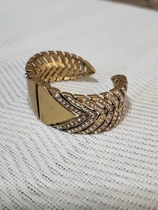 J Crew Feather Cuff Brass Rhinestones Hinge Band Bracelet J.Crew VINTAGE RARE!!! - Picture 1 of 6