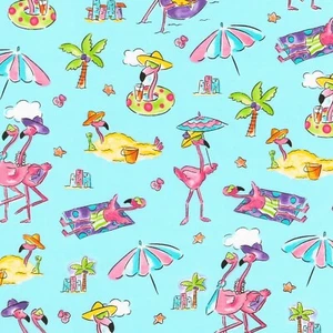 Animal Fabric - Nautical Flamingo Beach Aqua Blue - Cotton YARD - Picture 1 of 1