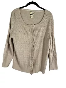 Bass Sweater Women XL Tan Button Crew Cable Knit Cardigan Ruffle Neutral Western - Picture 1 of 10