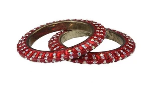 Pair of Red glitter, diamante & stone bangles Indian Bollywood Partywear (x2) - Picture 1 of 1