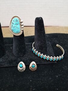 Vintage Sterling silver turquoise Bracelet Earrings And Ring Set