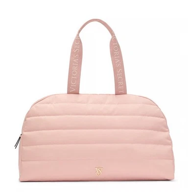 Victoria's Secret Quilted Duffle Bag Tote Pink Weekender Gold Logo Zipper NEW - Image 1 of 4