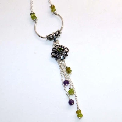 Flower Natural Peridot Natural Amethyst Beaded Necklace Gemstone 18" AU u323 - Image 1 of 3