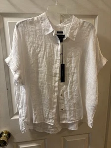 NWT Tahari 100% Linen White Button Down Short Sleeve Boxy Blouse Large - Picture 1 of 7