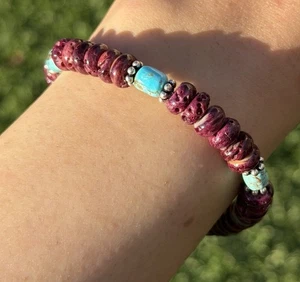 Lila stachelige Auster Türkis 7 Zoll Sterlingsilber Perlen Perlenarmband - Bild 1 von 12