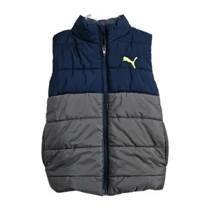Puma Puffer Vest Youth XS 5-6 Blue Gray Logo Quilted Full Zip Pockets EUC - Picture 1 of 7