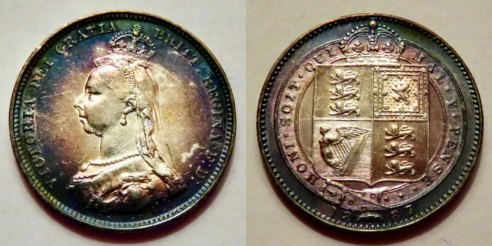 Grã-Bretanha 1 xelim *1887* *AU, perto de BU* *lindo tom de arco-íris* - Imagem 1 de 1